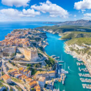 Aerial View Of Bonifaccio, A Hilltop Town In South Corsica, France, Mediterranean Sea